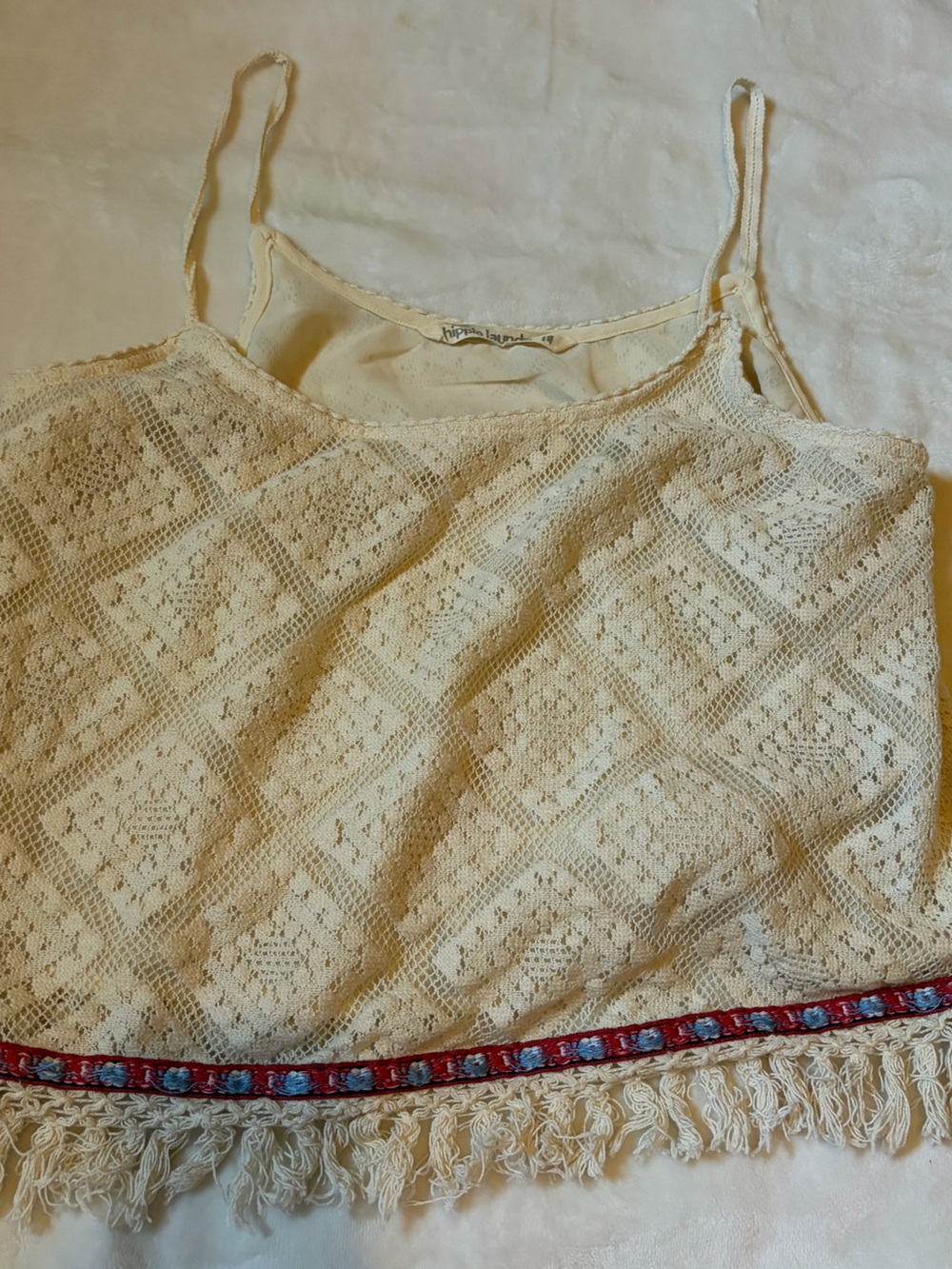 Cream Crochet Tank Top with Red Trim
